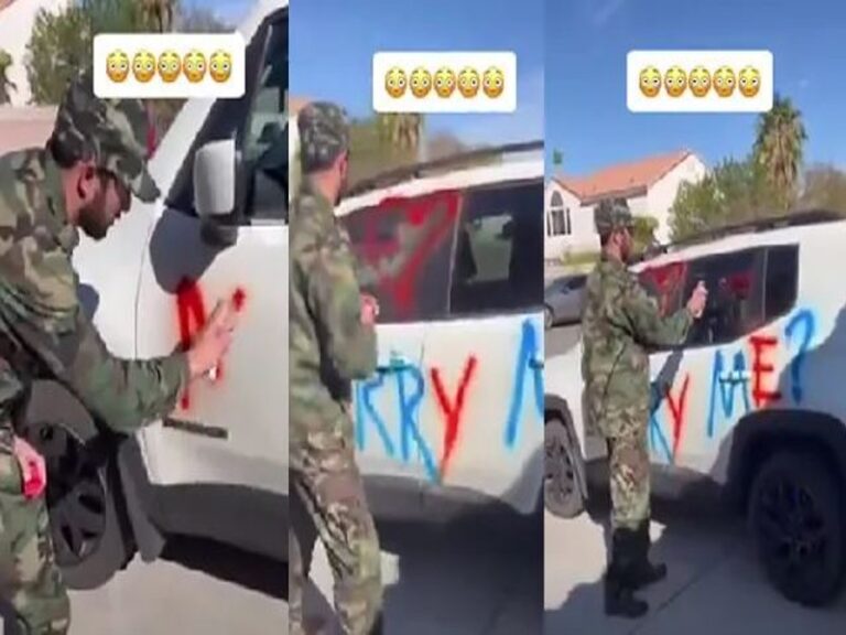 Soldado raya el carro de su novia para pedirle matrimonio; así reacciona ella