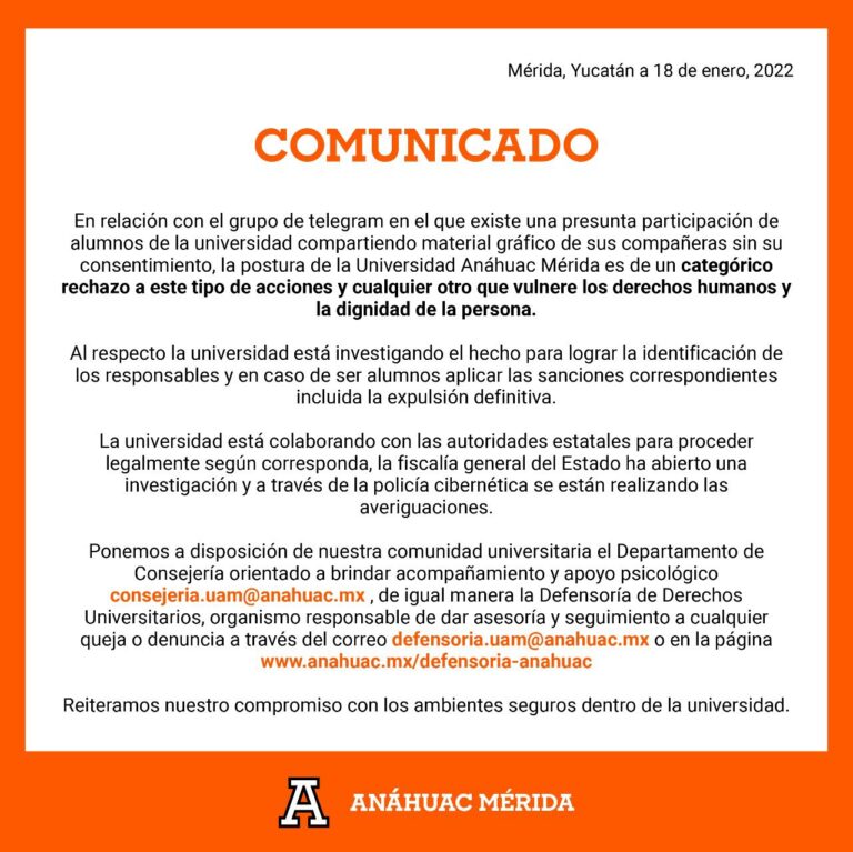 Universidad Anáhuac Mayab advierte expulsión definitiva a alumnos por difusión de videos íntimos