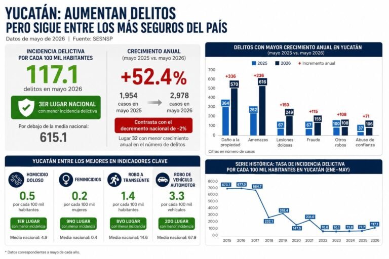 Yucatán mantiene baja incidencia delictiva, pero registra el mayor repunte de delitos en el país: crecen 52.4% en un año