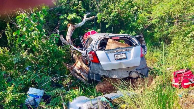 Spark termina contra un árbol en la Mérida-Cancún; un pasajero queda atrapado